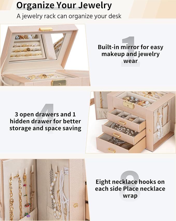 AKOZLIN 4-Tier Jewelry Box Leather Jewelry Storage Organizer with 3 Drawers Lockable for Women Girls Ring Necklace Earring Bracelet Holder with Mirror Champagne