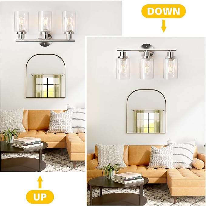 Unicozin 3 Light Vanity Lights, Brushed Nickel Wall Sconce Light with Clear Glass, Bathroom Light Fixtures, Wall Lights for Mirror, Living Room, Bedroom, Hallway, E26 Base (Bulbs Not Included)