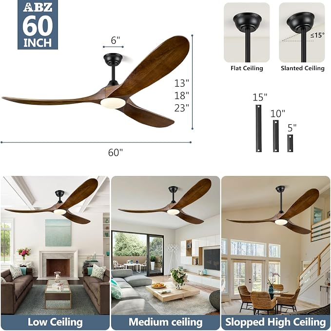 ABZ 60 Inch Ceiling Fans with Lights, Solid Wood Propeller Ceiling Fans with Lights and Remote Control Outdoor Ceiling Fan for Patios Propeller 3 Blades for Indoor Living Room, Walnut Wood