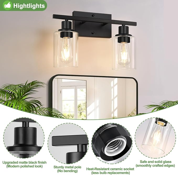 Indoi 2-Light Bathroom Light Fixtures, Matte Black Modern Vanity Lights with Clear Glass Shades, Bathroom Wall Lamp for Mirror Living Room Cabinet Bedroom Porch