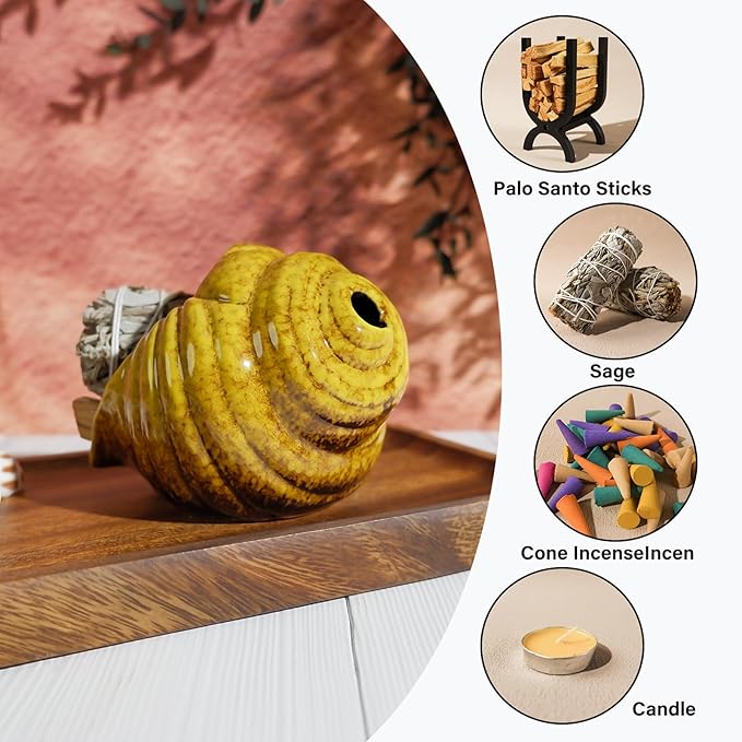 MOUGIGI Yellow Ceramic Conch Palo Santo Holder - Mini Chimney Incense Burner, Tabletop Smudge Bowl Compatible with Sage/Sticks/Cones/Copal,for Yoga、Zen Meditation、Witchcraft, Ideal Altar Decor Gift