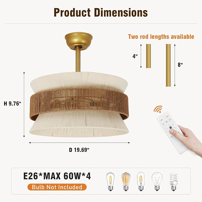 Boho Fandelier Ceiling Fan with Light,Gold Rattan Chandelier Fan Remote Caged Fandelier Ceiling Fan for Bedroom Nursery Foyer Kitchen and Living Room 6 Speeds Timing Adjustment Height Enclosed 20Inch