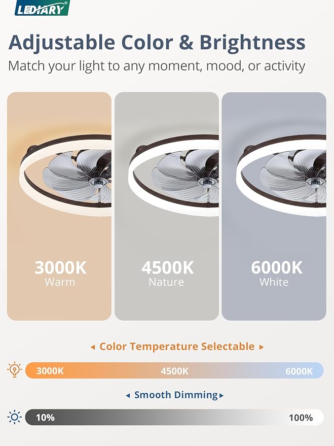 LEDIARY Ceiling Fans with Lights, 23 inch Low Profile Flush Mount Ceiling Fan, Dimmable LED, APP & Remote Control, Quiet Reversible DC Motor, 6 Speeds, Fandelier for Bedroom, Brown
