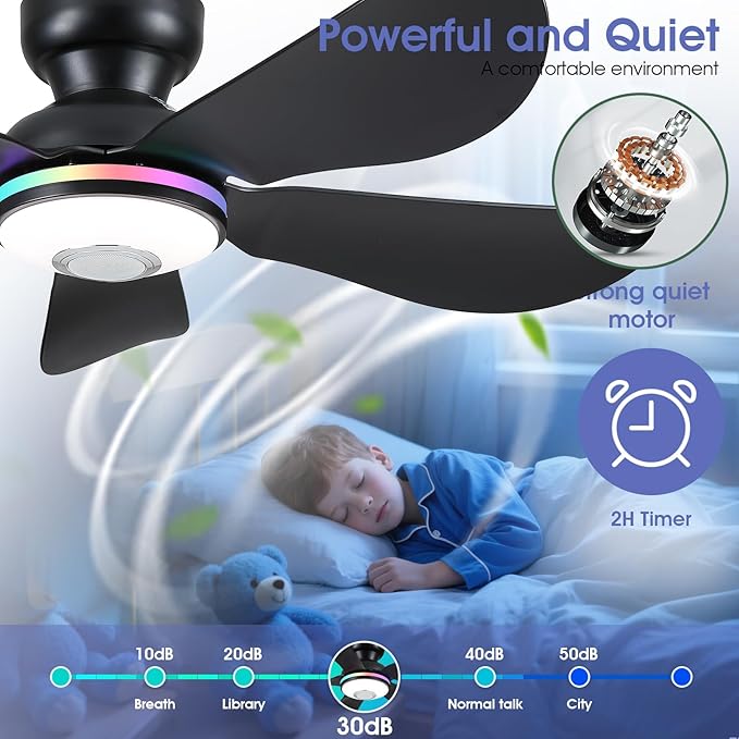 Kviflon 46" Ceiling Fans with RGB Lights Remote/APP Control, Low Profile, 3 CCT Dimmable White Lights+RGB Ring Lights+Music Player, 5 Reversible Plastic Blades 6 Speeds for Kidsroom, Black