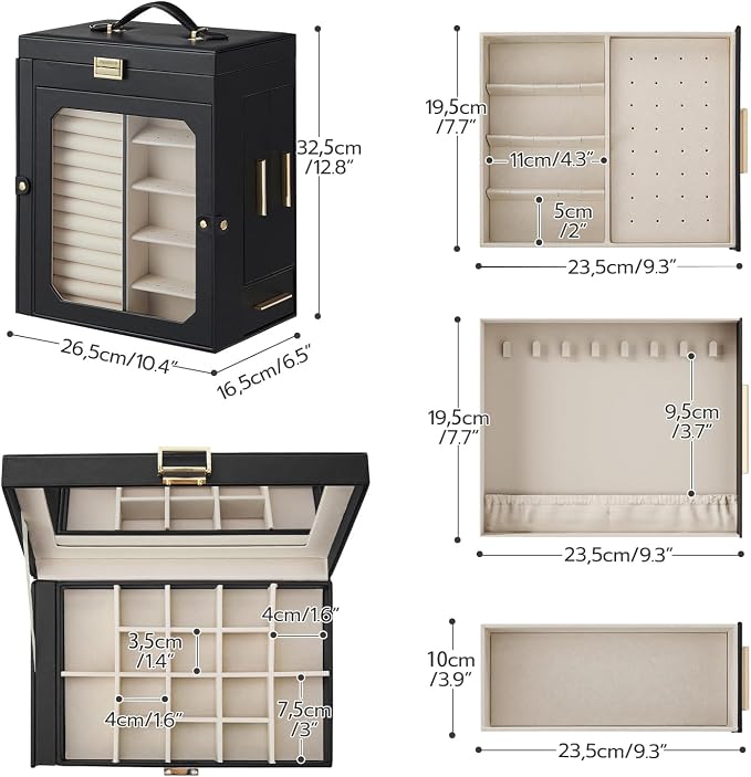 HOOBRO Jewelry Box with Mirror, Travel Jewelry Organizer with Glass Window, Jewelry Storage Case, Vertical Storage, Gift for Loved Ones, for Earrings, Rings, Necklaces, Bracelets, Black BK03JB04G2