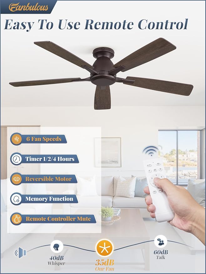 Fanbulous 52 Inch Flush Mount Ceiling Fan No Light with Remote, Oil Bronze | Modern Low Profile Without Light, 6-Speed, Quiet Reversible DC Motor, Indoor/Outdoor Use, for Bedroom, Living Room, Patio