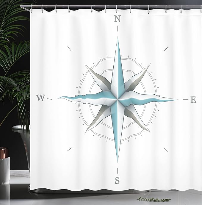 Ambesonne Compass Shower Curtain, Antique Wind Rose Diagram for Cardinal Directions Axis of Earth Illustration, Cloth Fabric Bathroom Decor Set with Hooks, 69" W x 70" L, Teal Dimgray