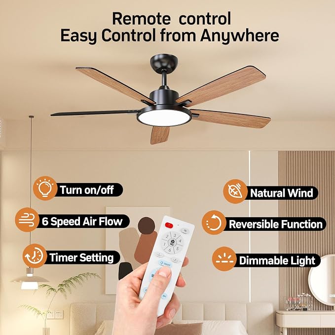TALOYA 52 Inch Black Ceiling Fans with Lights Led Back Light Remote Control Flush Mount Low Profile for Bedroom Living Room Outdoor Patio,Reversible,DC Motor,3 Color Temperatures,5 Blades