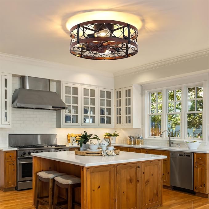 24" Farmhouse Flush Mount Caged Ceiling Fans with Lights, Rustic Low Profile Ceiling Fan with Light and Remote, Quiet Reversible DC Motor Bladeless Enclosed Ceiling Fan for Bedroom Dining Room Kitchen