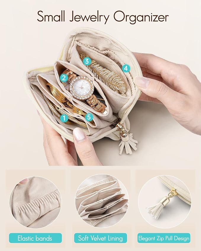 VLANDO Mini Jewelry Travel Case,Gifts for Teachers Women,Jewelry Pouch Bags with Zipper, Velvet Jewelry Organizer Storage Bag for Bracelet Rings Earring Travel Essentials-White