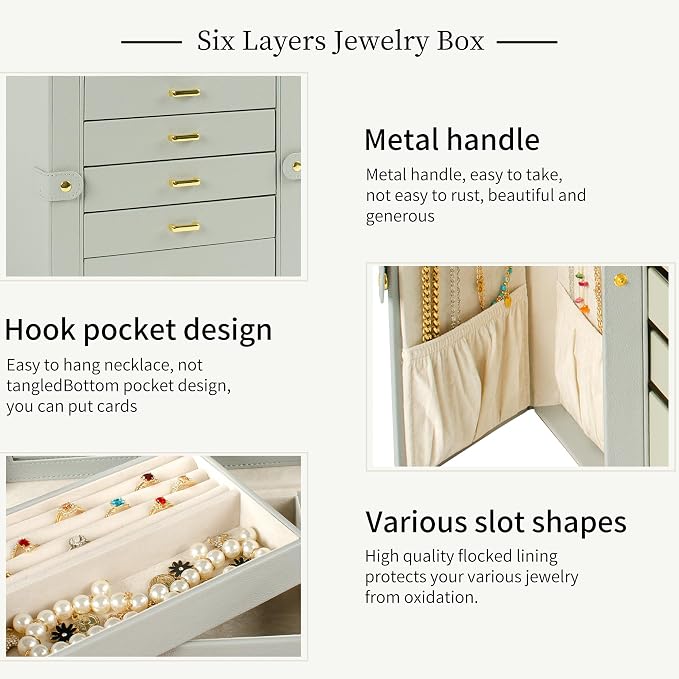 AKOZLIN 6-Tier Jewelry Box Organizer Functional 5 Drawers Leather Jewelry Storage Case for Women Girls Ring Necklace Earring Bracelet Holder Organizer with Mirror Grey Large