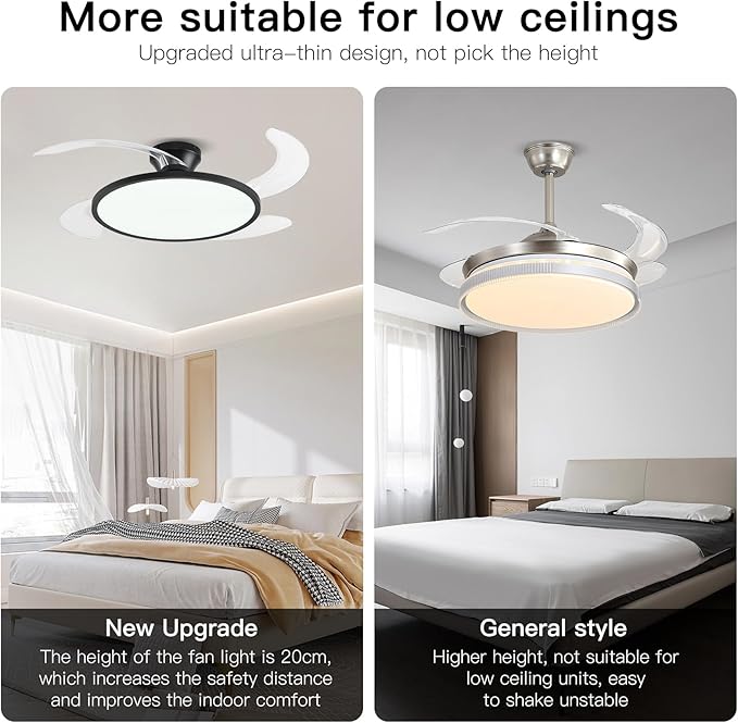 AHAWILL Retractable Ceiling Fan with Lights Remote Control,42'' Low Profile Ceiling Fan with Retractable Blades,Dimmable Full Spectrum,Modern Fandelier for Living Room Dinning Room Bedroom,Black