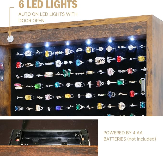 Jewelry Armoire Cabinet Organizer Standing with 20 LED Lights Lockable Full Length Mirror with Storage Shelves and 2 Drawers (Rustic Brown) Adjustable Tilt Angles Gift for Her