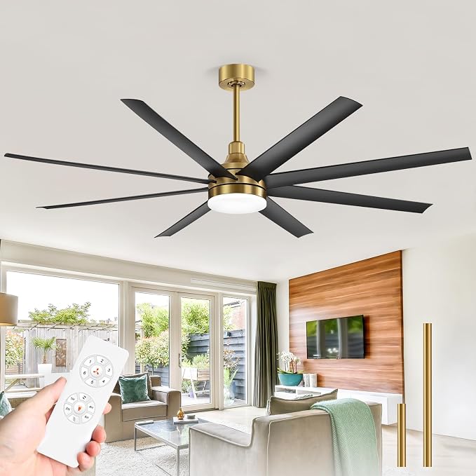 65 Inch Ceiling Fans with Lights and Remote, 8 ABS Blades, Quiet Reversible DC Motor, 6-Speed, Timer, 2 Downrods, 3 Color Led Light, Industrial Ceiling Fans Fandelier for Bedroom Office (Gold & Black)