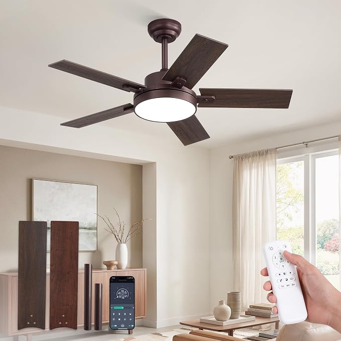 ZMISHIBO 42" Ceiling Fans with Lights, Smart Remote/APP Control, Farmhouse Ceiling Fan with 6 Speeds & 3CCT, Dimmable 30W LED, Quiet DC Motor, Noiseless for Living Room, Bedroom, Kitchen, Oil Bronze
