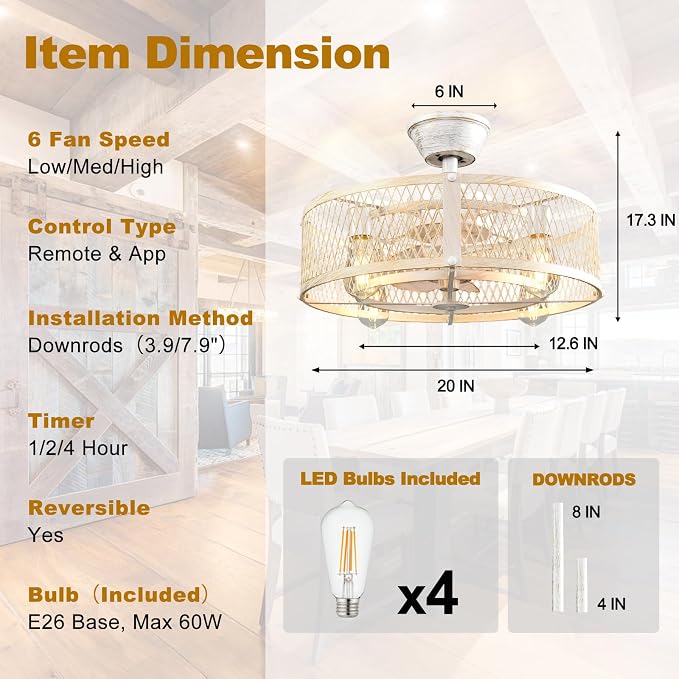 Depuley Farmhouse Ceiling Fans with Lights: Cement Flush Mount Caged Ceiling Fans Light Fixture for Dining Room - Modern Rustic Fandelier Low Profile Ceiling Fan with Remote for Kitchen Bedroom