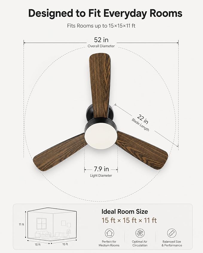Ceiling Fans with Lights, 52 Inch Brown Indoor Fan with Remote and App Control, Dimmable LED Light, 6 Speeds, Reversible Airflow, Low Noise for Bedroom Living Room Kitchen