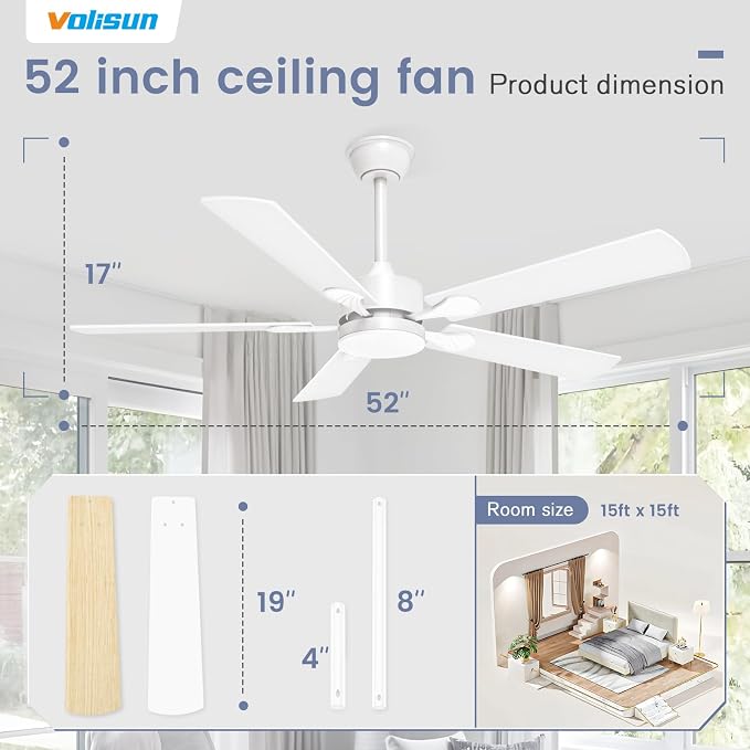 VOLISUN Ceiling Fan with Light, 52 inch Flush Mount Ceiling Fan with Lights and Remote, Dimmable LED Fan Light, Low Profile Ceiling Fan, White Modern Ceiling Fan for Bedroom, Indoor/Outdoor