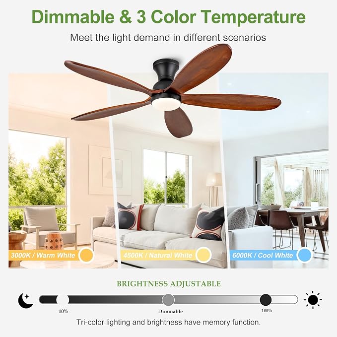 52 Inch Flush Mount Ceiling Fans with Lights, Remote, Dimmable, Power-Off Memory, Quiet DC Motor,5 Blades Wood Ceiling Fan with Light, Low Profile Outdoor/Indoor Hugger Ceiling Fan for Patio