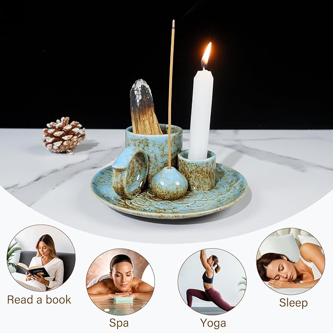 MOUGIGI 5-in-1 Ceramic Palo Santo Burner Holder Blue -Small Candle Holder & Smudge Burning Tray Bowl,Fits Incense Sticks/Cones, Sage.Zen Altar for Meditation Room, Aromatic Scents, Matches Compatible
