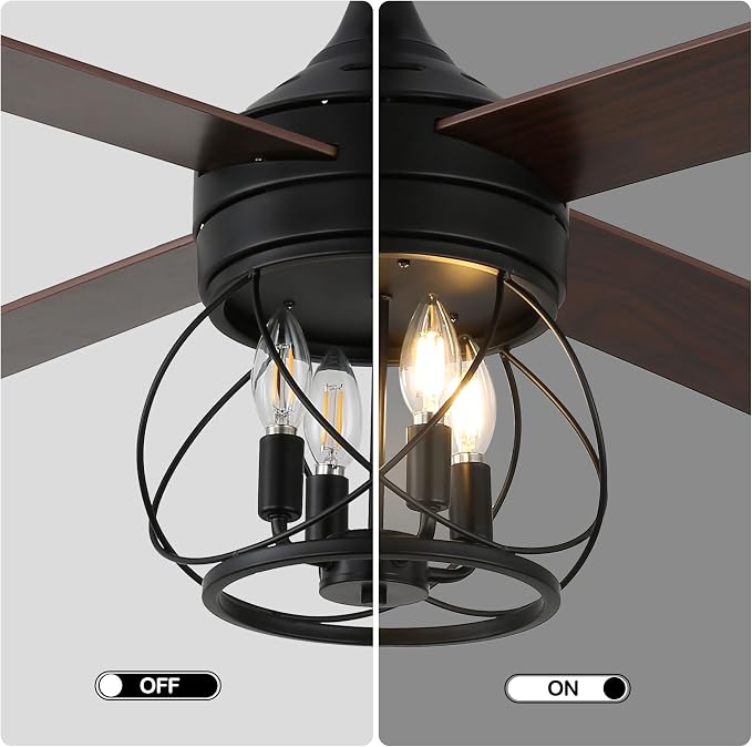 52" Farmhouse Ceiling Fan with Lights and Remote, Rustic Ceiling Fan Black Caged Fandelier 4-Lights Industrial Chandelier for Bedroom Living Room, Reversible Quiet DC Motor 6 Speeds