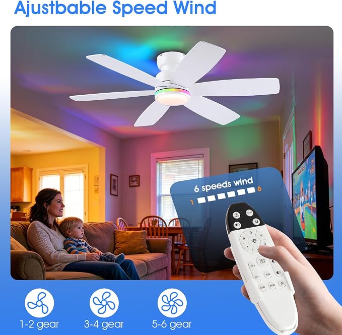Kviflon 46" Ceiling Fans with RGB Lights Remote/APP Control, Flush Mount Ceiling Fans, Double-Sided 6 Reversible Blades, RGB Ring Lights+3CCT Dimmable Lights, Double Lampshade for Bedroom, White