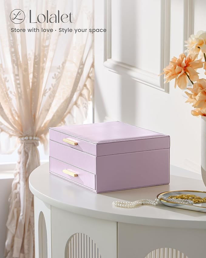 Lolalet 2-Layer Jewelry Box Organizer Holder for Women Girls Mom -Purple | Jewelry Storage Case with Drawers for Necklaces Ring Earrings Bracelet Watch, Gifts Choice for Mom Mother’s Day