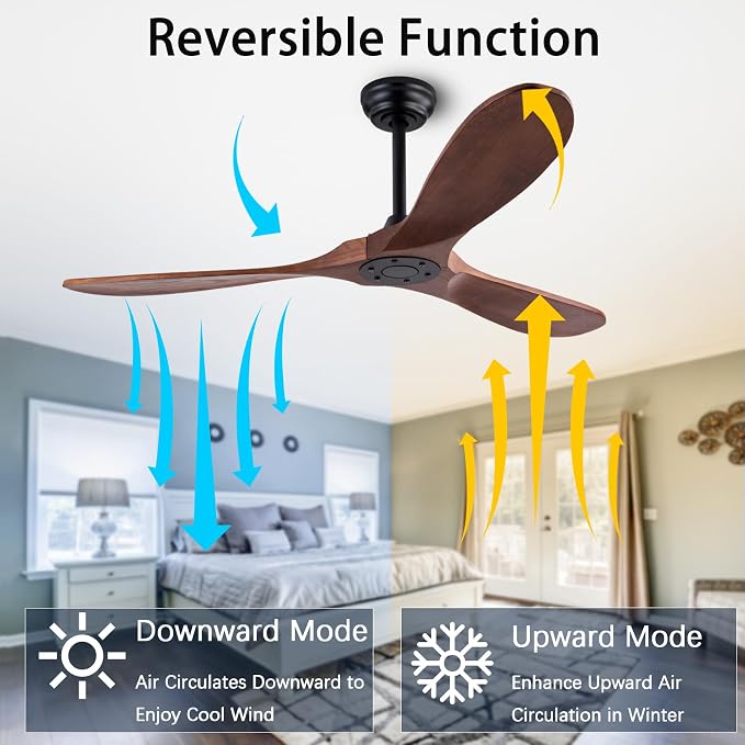 QUTWOB 52" Wood Ceiling Fan No Light, Reversible DC Motor, Remote Control | solid wood blades, quiet 6-speed reversible dc inverter motor, remote control, no light, for indoor outdoor patio living room