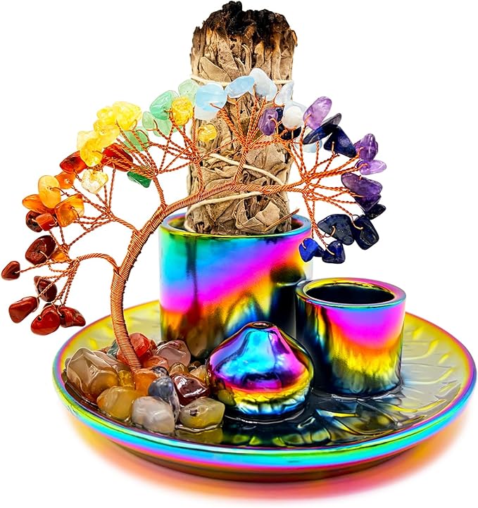 5 in 1 Incense Burner Holder with Crystal Tree for Burning Palo Santo Stick, Sage, Incense Sticks, Candle, Ceramic Tray Ash Catcher, Meditation Gift (Colorful)