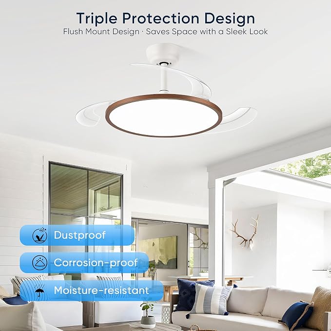 42 Inch Retractable Ceiling Fan with Lights, Fandelier Ceiling Fan for Bedroom Living Room Dinning Room, Chandelier with Fan 6 Speed, 3 Color Temperature, Reversible DC Motor-White