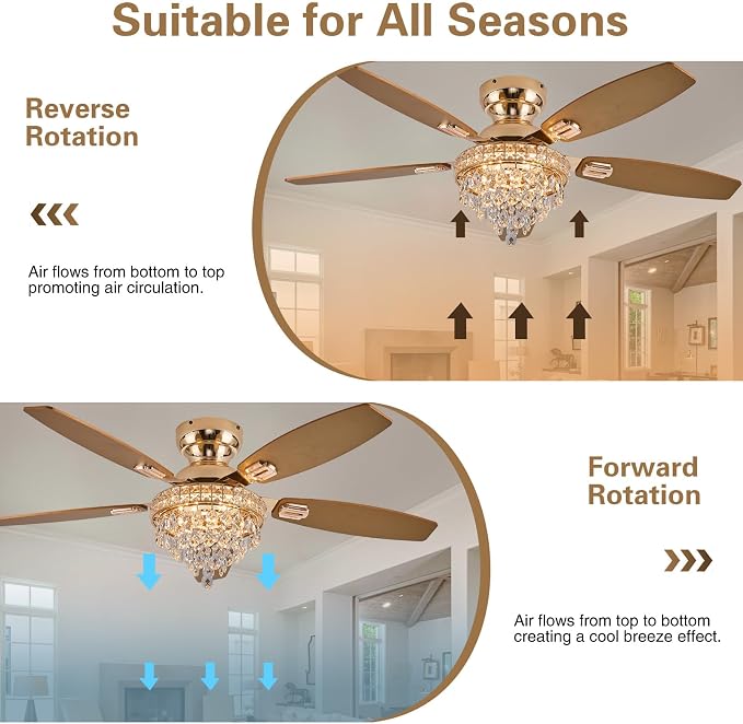 Crystal Ceiling Fan Fandelier with Lights-Ceiling Fans with Lights,50" Low Profile and Remote Control, Flush Mount, Reversible, Dimmable, Noiseless,Gold Ceiling Fan for Bedroom