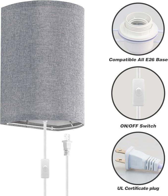 Wall Sconces Set of Two, Fabric Shades Plug in Wall Sconces, 3 Color Temperature Switching Modern Wall Light Fixtures, Wall Lamp with Plug in Cord, On/Off Switch Wall Lights for Bedroom Porch (Grey)