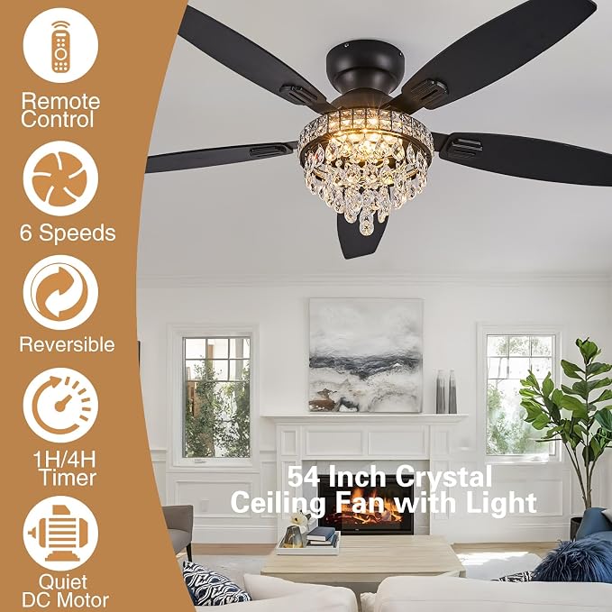 Crystal Ceiling Fan Fandelier with Lights-Ceiling Fans with Lights,54" Low Profile and Remote Control, Flush Mount, Reversible, Dimmable, Noiseless, Black Ceiling Fan for Bedroom