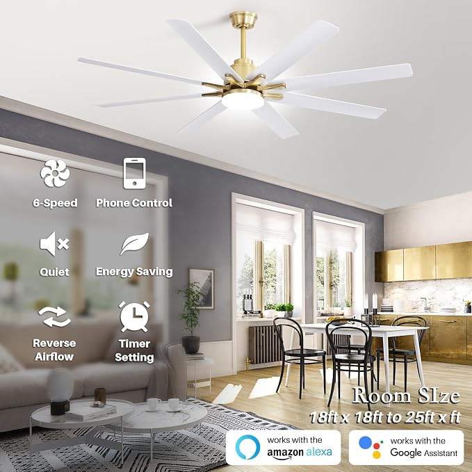 Sofucor 66 Inch Smart Ceiling Fans with Lights, Indoor/Outdoor Ceiling Fan with Light and Remote, Work with Alexa/Google, Reversible DC Motor, White Ceiling Fan Light for Living Room Bedroom Patio