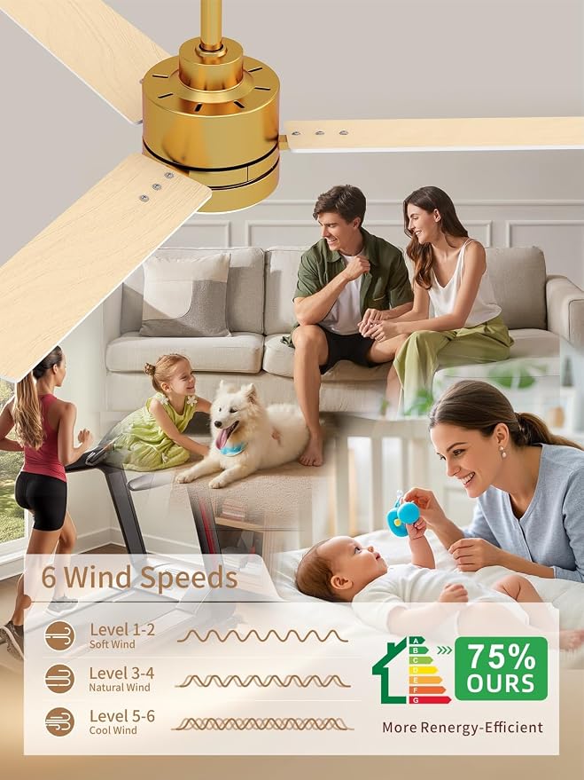 LANMEL 42'' Ceiling Fan with Lights and Remote, Low Profile Modern Ceiling Fan Gold, 6 Speed, Reversible, 3000k-6000k LED, Quiet DC Motor for Indoor Outdoor Bedroom Living Room