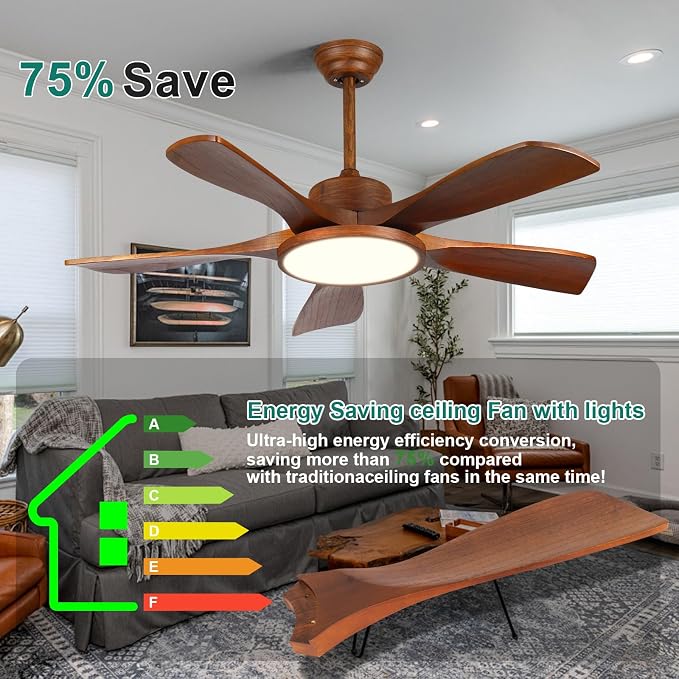 52 Inch Wood Ceiling Fan with Lights and Remote Control 5 Solid Wooden Blades Modern Farmhouse Outdoor Ceiling Fan for Patios Living Room FCC Reversible DC Motor