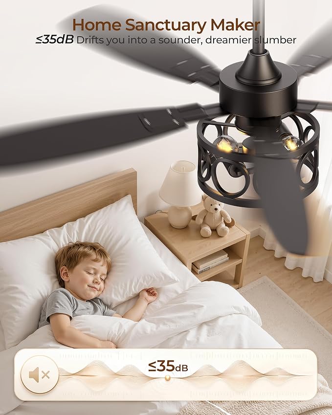 Ceiling Fans with Lights and Remote, 52'' Vintage Caged Ceiling Fan with Light, 5 Blades, 6+1 Speed, Flush Mount Ceiling Fan Whisper-quiet for Farmhouse, Living Room, Kitchen and Porch (52 Inch)