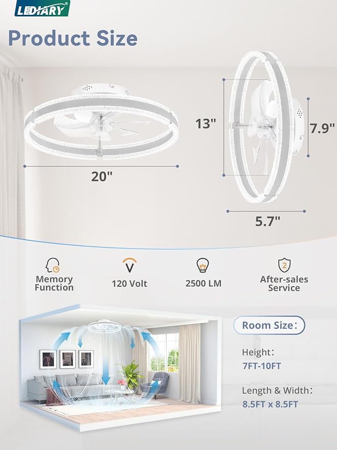 LEDIARY Ceiling Fans with Lights and Remote, 20'' Low Profile Ceiling Fan with Light, 3000-6000K Dimmable Fandelier Ceiling Fans, Modern Flush Mount Fan Light for Bedroom with 6 Wind Speeds- White