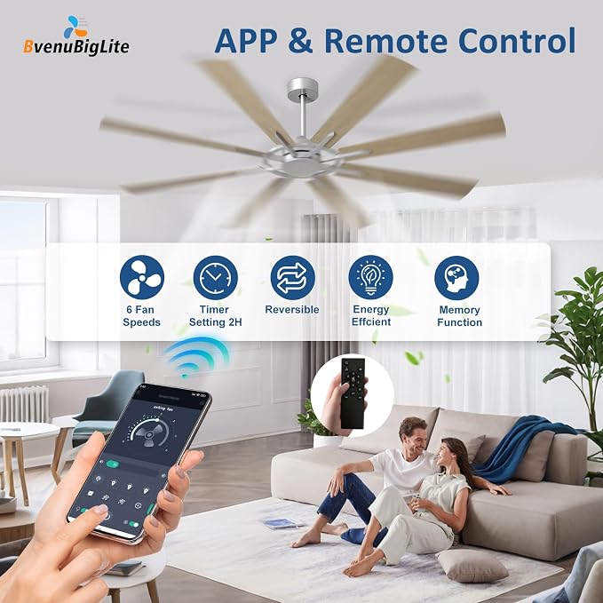 Large Ceiling Fan No Light: Modern 72 Inch 8 Blade Outdoor Ceiling Fans with Remote APP Control - Wood Big Fan without Light Indoor Reversible 6 Speed Quiet DC Motor