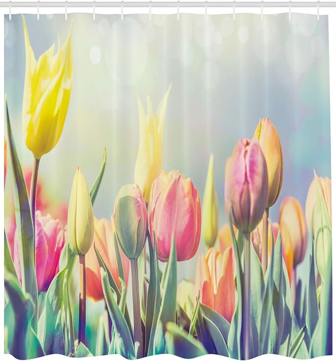 Ambesonne Pastel Shower Curtain, Tulips Flower Bed in Park Serene Landscape Happiness Fresh Spring Environment Image, Cloth Fabric Bathroom Decor Set with Hooks, 69" W x 75" L, Multicolor