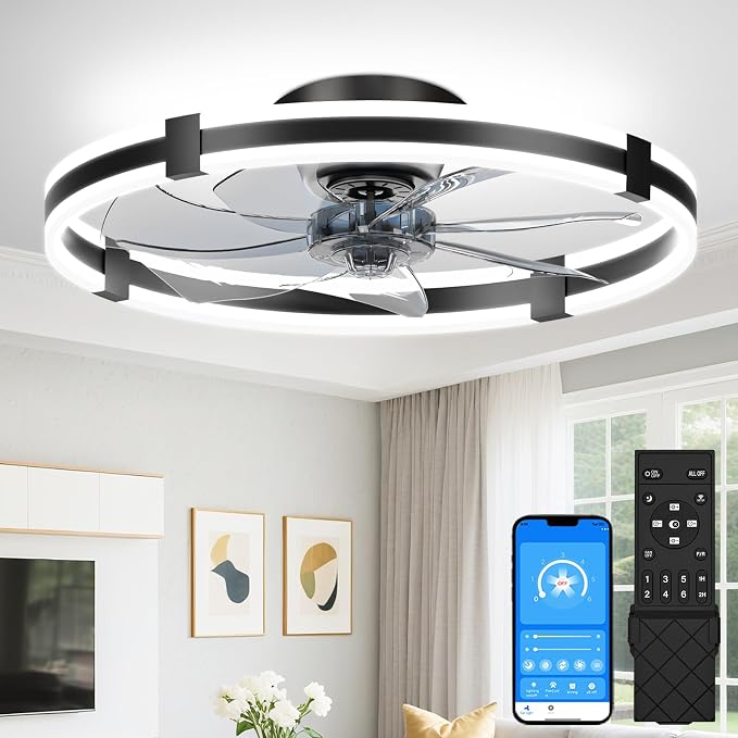 VOLISUN Ceiling Fans with Lights and Remote, 23.6in Low Profile Ceiling Fans with Light, 3000K-6500K Dimmable Fandelier Ceiling Fan, Black Flush Mount Ceiling Fan for Bedroom