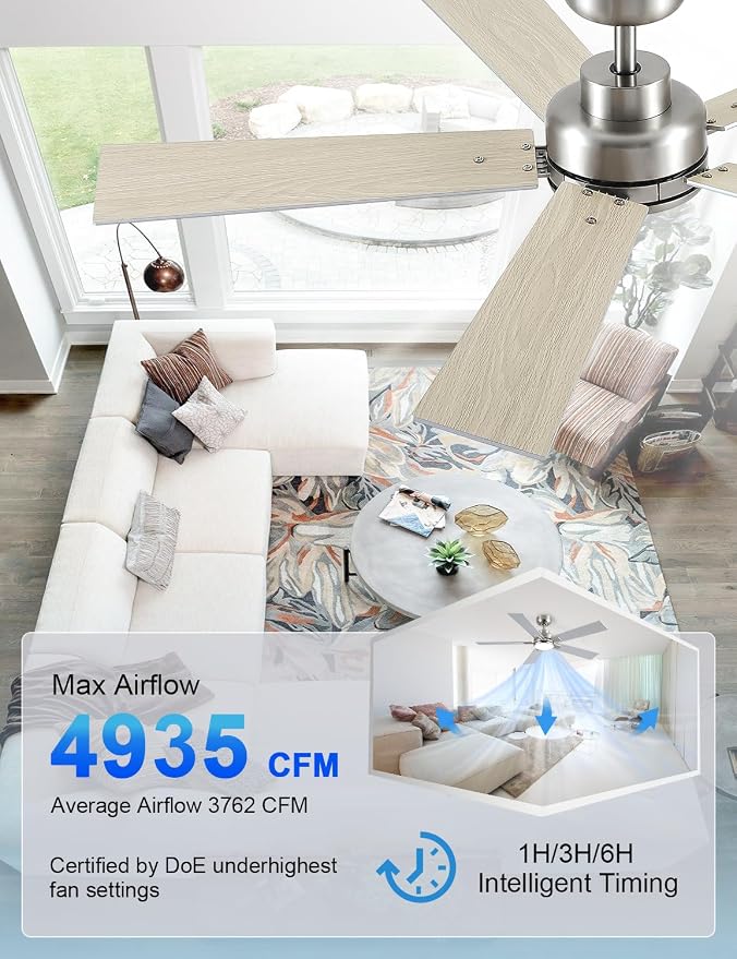 Modern Ceiling Fans with Lights - 52 inch Brushed Nickel Ceiling Fan with Light and Remote, Reversible DC Motor, 6-Speed Quiet 3CCT for Bedroom, Indoor, Patios, ETL Listed