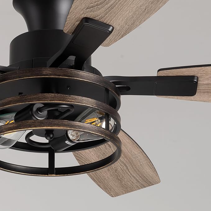 52 Inch Flush Mount Ceiling Fans with Lights and Remote Control, Low Profile Farmhouse Ceiling Fan for Bedroom Living Room and Patio, Black Caged Ceiling Fan for Indoor and Outdoor（No Bulb）