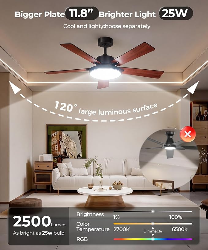 Ceiling Fan with Light, RGBCW Smart 52" Low Profile Ceiling Fan with Light and Remote, Alexa/Google/App Control, Reversible DC Motor, Dimmable, 2500lm, Quiet Fan for Bedroom,Living Room Brown
