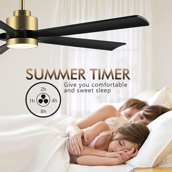 ELEHINSER 60" Modern Ceiling Fan with Light and Remote Control, 5 Solid Wood Blades 6-Speed Noiseless Reversible DC Motor, Ceiling Fan for Bedroom Dinning Living Room, Gold Finish with Black Blades