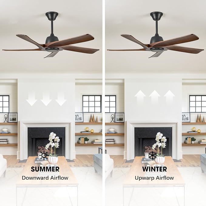 52 Inch Solid Wood Ceiling Fan No Lights, Remote and APP Control, DC Motor, 6-speed Reversible, for Bedroom, Living Room, Office, Dark Walnut