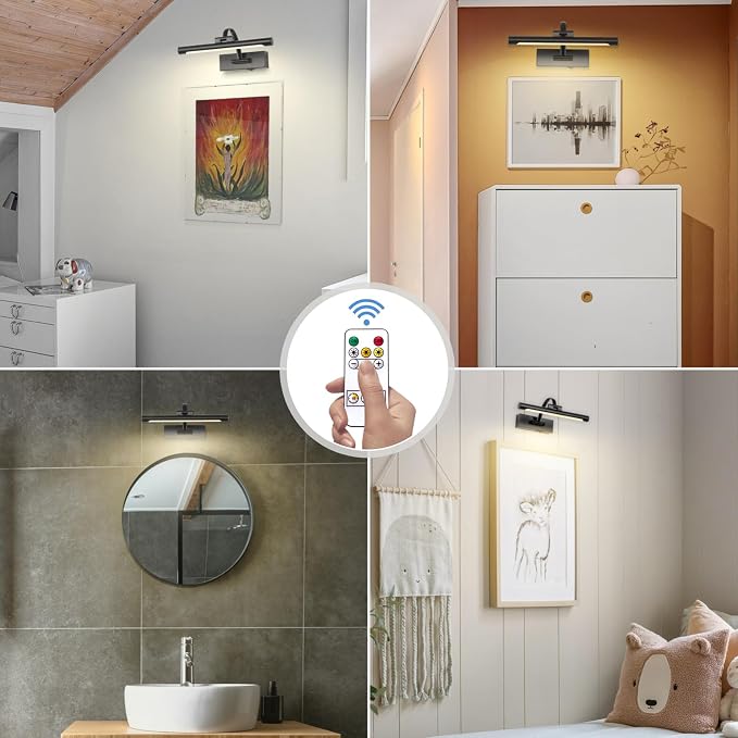 Tassuowell Battery Powered Picture Light with Remote and Timer,Full Metal Art Light with Swing Arm,12 Inch Dimmable,3CCT in One, Rechargeable Wall Lights for Display, Artwork, Canvas,Hallway