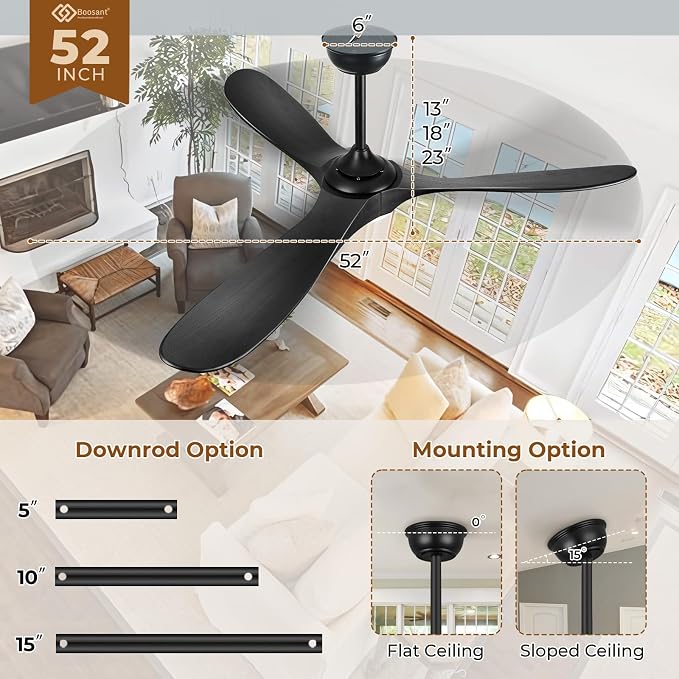 52" Outdoor Ceiling Fans with Lights and Remote Control, Wood Ceiling Fan with Lights High CFM Quiet 3 Blade Wood Walnut Fan, Propeller Ceiling Fan for Outdoor/Patio,Matte Black