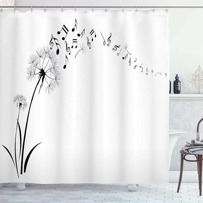 Ambesonne Music Lover Shower Curtain, Flying Dandelions with Notes Summer Spring Meadow Simple, Cloth Fabric for Bath Home and House Luxury Hotel Series Set with Hooks, 69" W x 70" L, Black and White