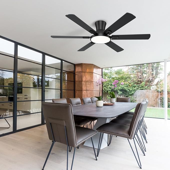 52 Inch Black Ceiling Fan with Lights and Remote, Flush Mount Low Profile 6 Blades with 10 Inch Lighting Fixture, Quiet Reversible DC Motor for Living Room, Bedroom and Patio